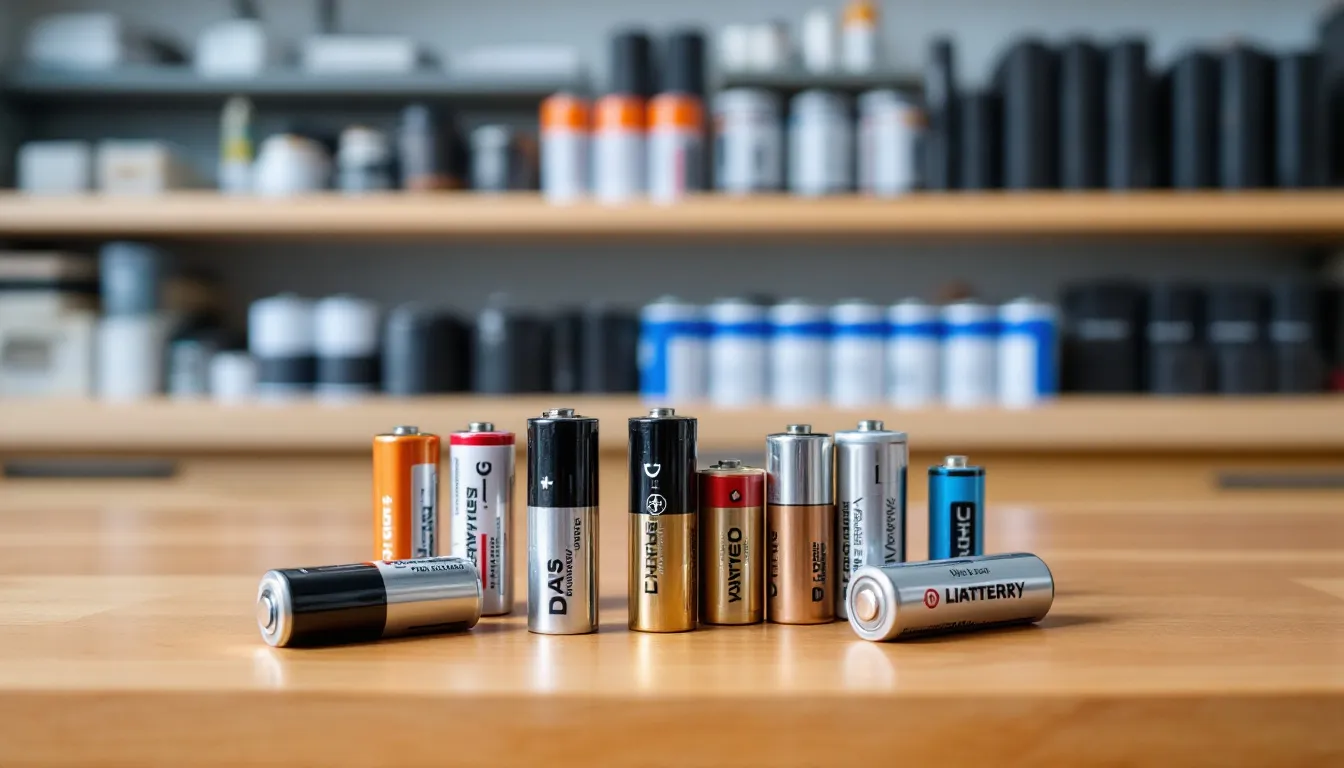 The image displays various types of batteries, including lithium ion batteries, sealed lead acid batteries, and rechargeable batteries, showcasing their different shapes and sizes. Each battery type is labeled, highlighting their unique characteristics such as energy density, capacity, and intended use in devices and robots.
