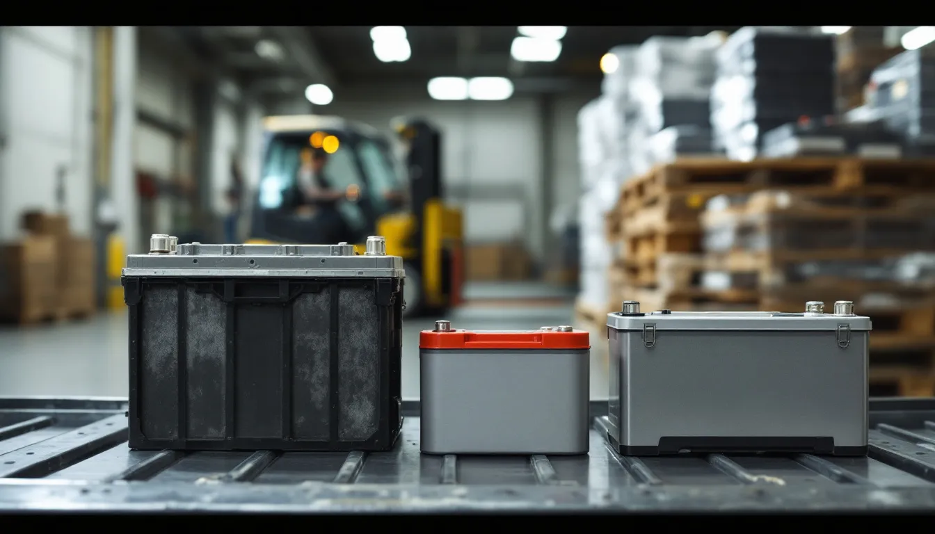 The image showcases various common types of industrial batteries, including lead acid and lithium ion batteries, highlighting their applications in demanding environments and the importance of battery maintenance for long-lasting power and superior performance. These batteries serve as essential power solutions across multiple industries, demonstrating their reliability and durability in various equipment and transportation systems.