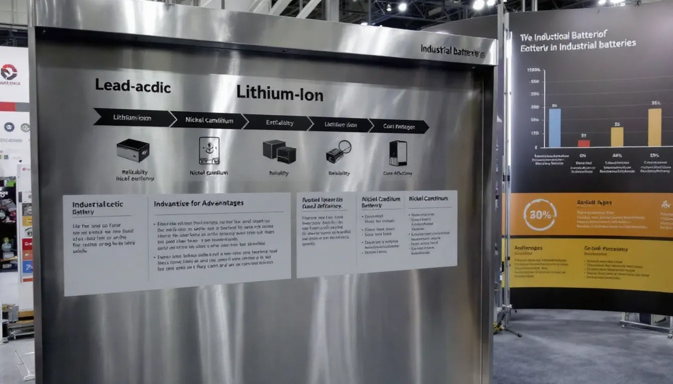 In the image, various industrial batteries are displayed, showcasing different types such as lithium ion batteries and lead acid batteries, emphasizing their superior performance and long life for demanding applications. The visual highlights the importance of battery maintenance and reliable power solutions for commercial and industrial use, illustrating how these batteries contribute to efficient operation and innovation in various industries.